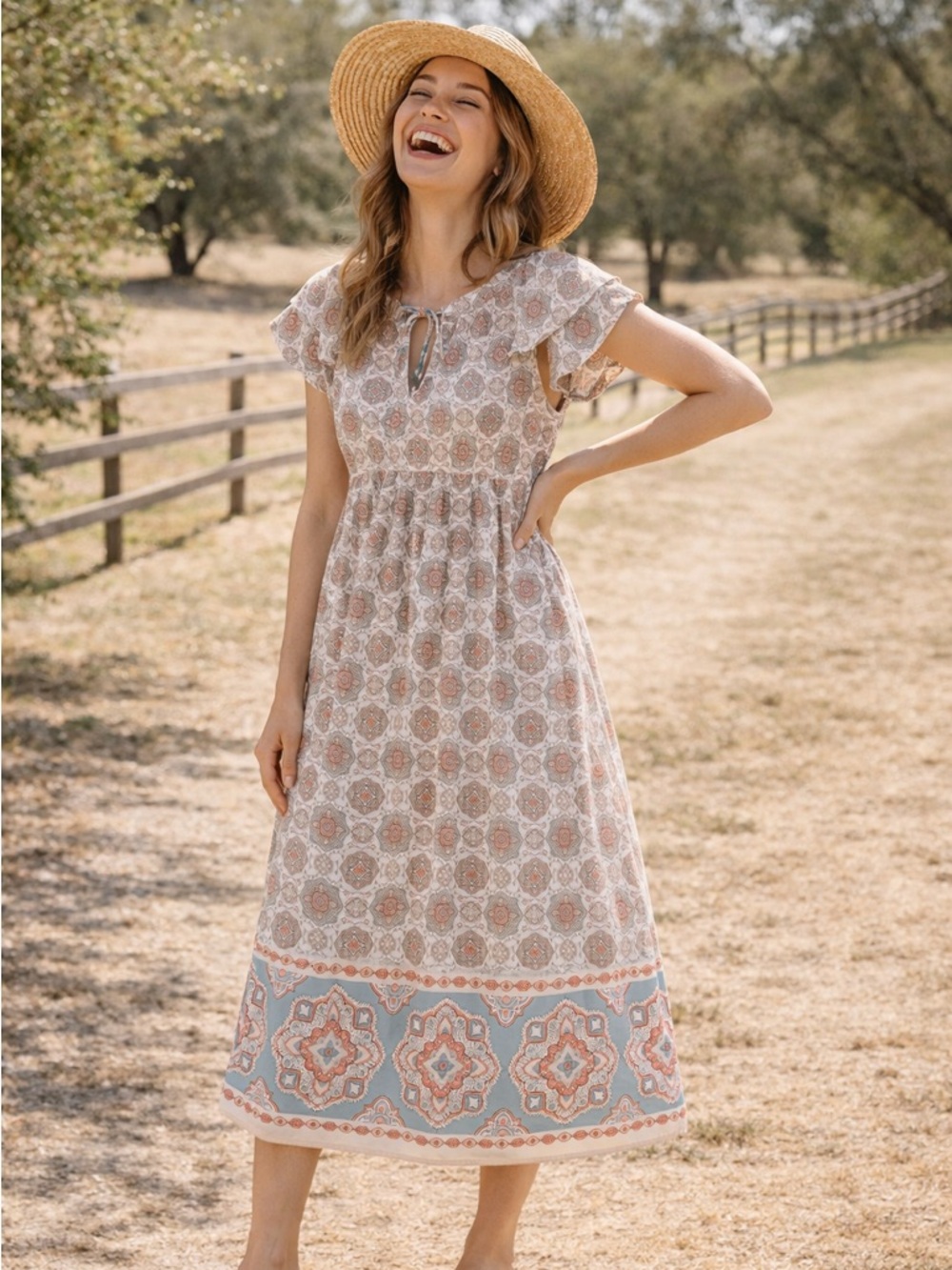 Boho Floral Midi Dress in Beige and Blue